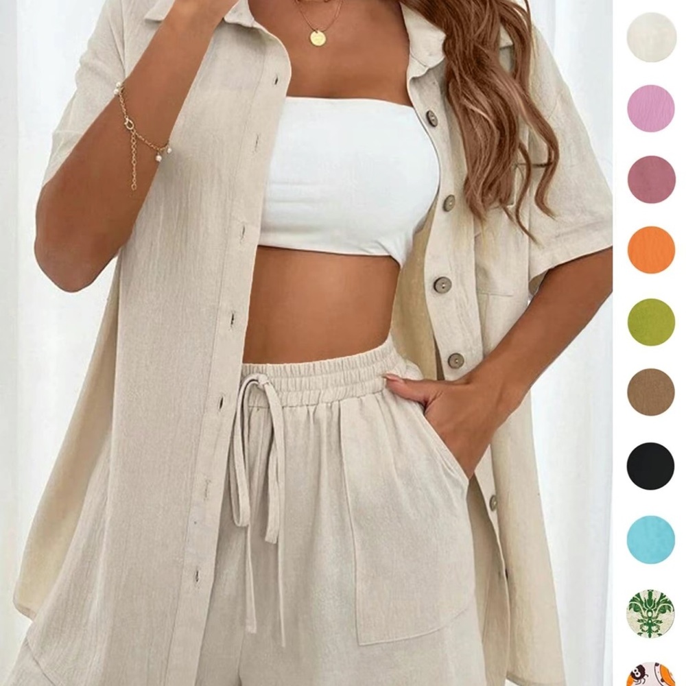 Beige Button-Up Shirt and Shorts Set